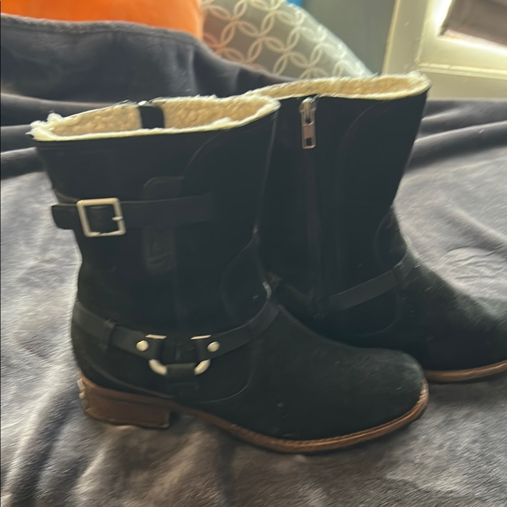 UGG Black Leather Boots with Buckle Accents